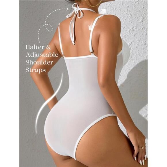 Women Teddy Lingerie Sexy Snap Crotch Lace Bodysuit White - Picture 3 of 6